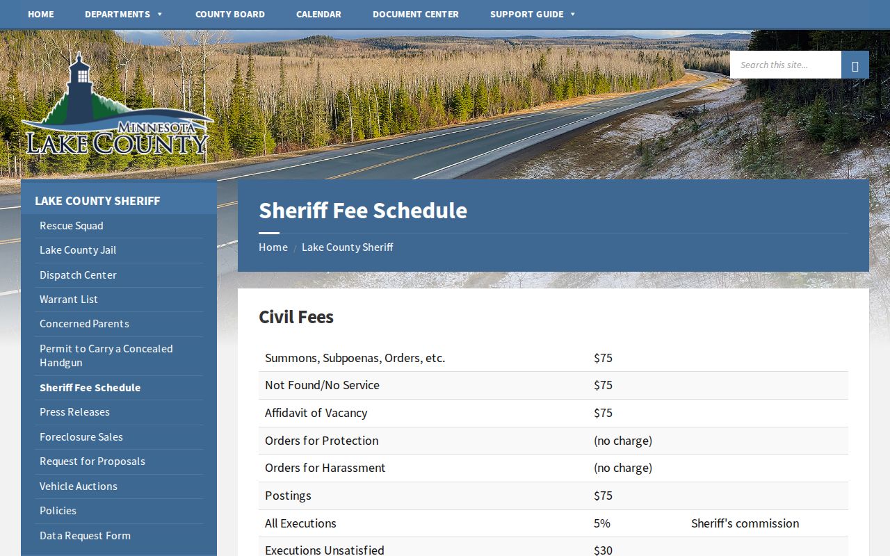 Lake County sheriff records fee schedule for municipal warrant record requests