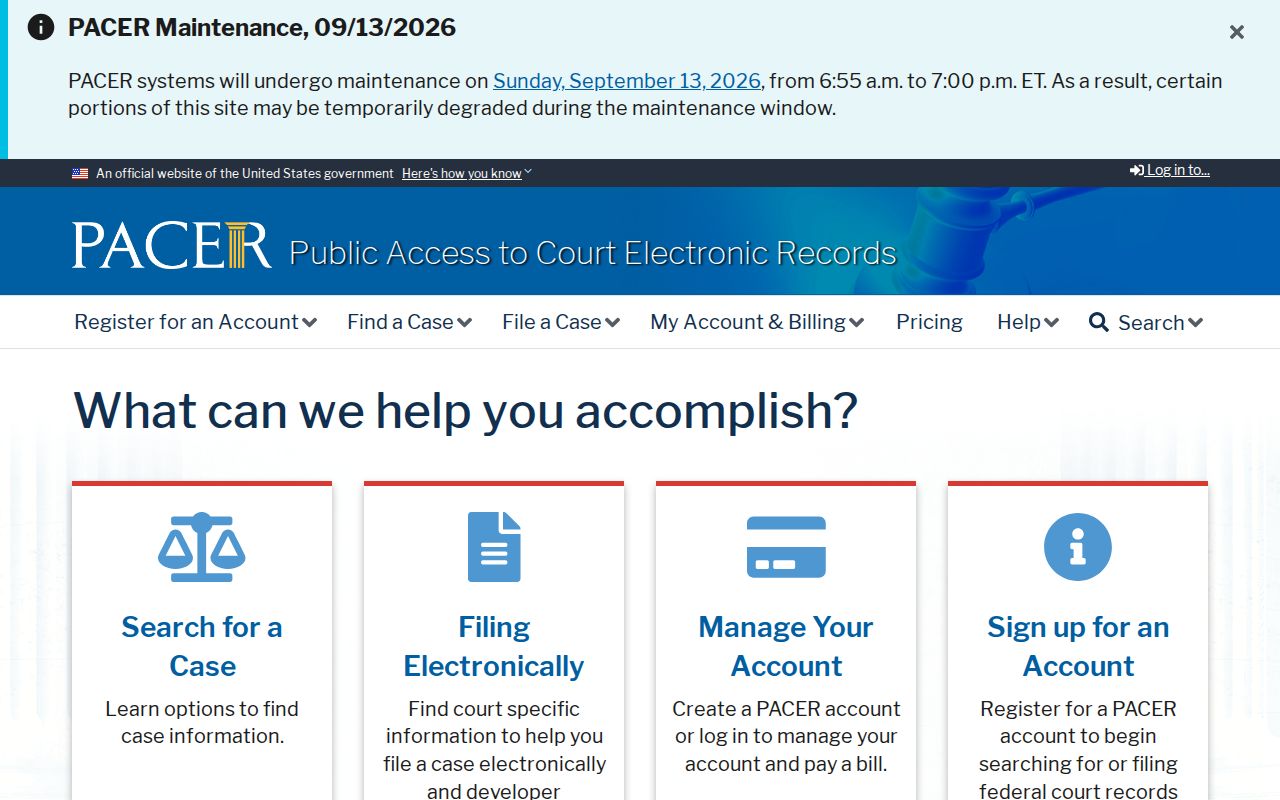 PACER federal case search for Lake County federal warrant records