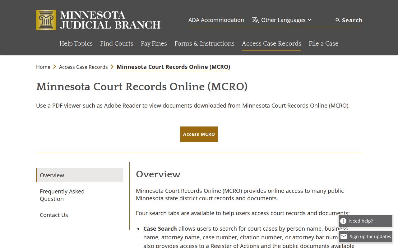 Lake County warrant search guidance on the Minnesota Court Records Online access page