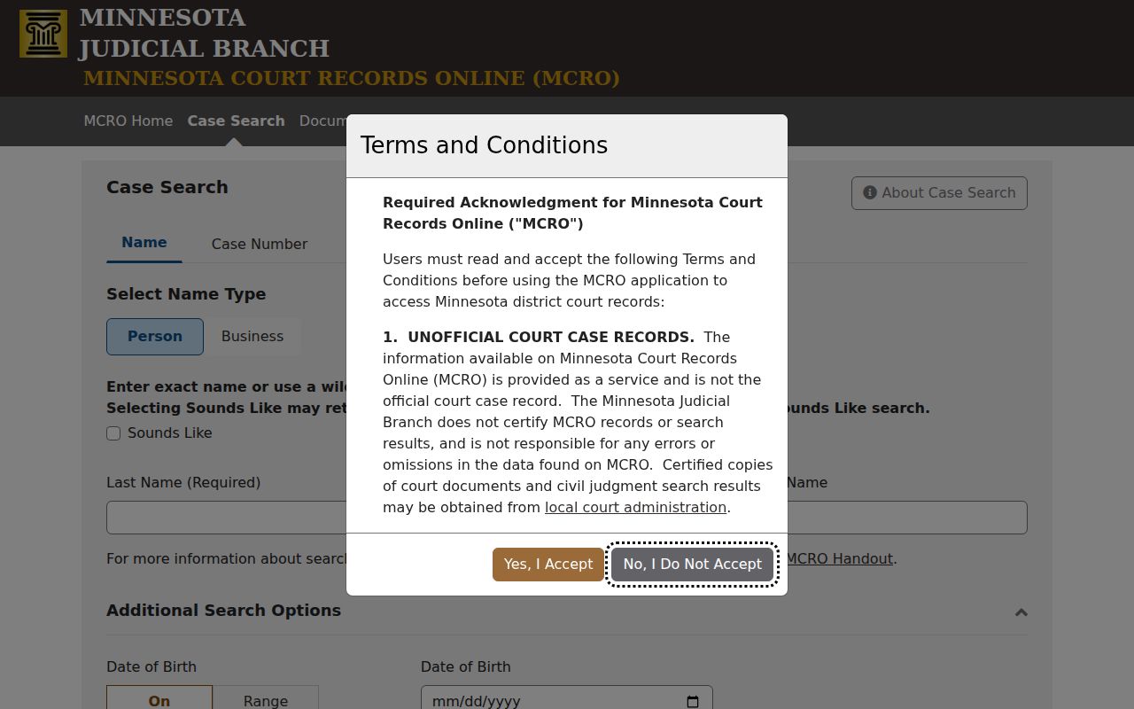 Lake County warrant lookup entry screen in the Minnesota Court Records Online case search