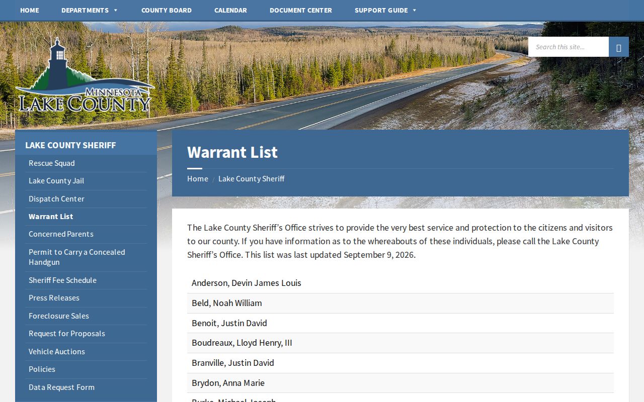 Lake County warrant list page published by the sheriff's office